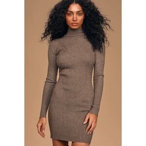 Lulus Snug As Can Be Heather Taupe Ribbed Mock Neck Sweater Dress - Size XS